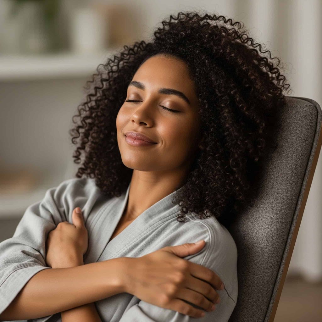 Smiling woman with closed eyes relaxing in a chair, feeling peaceful and recharged