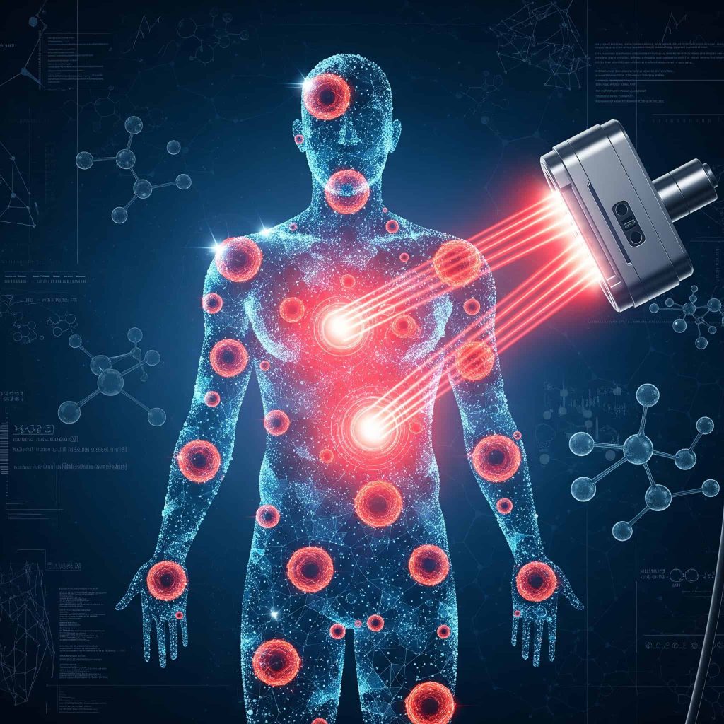 Red light therapy device emitting targeted beams onto human body to stimulate cells and healing