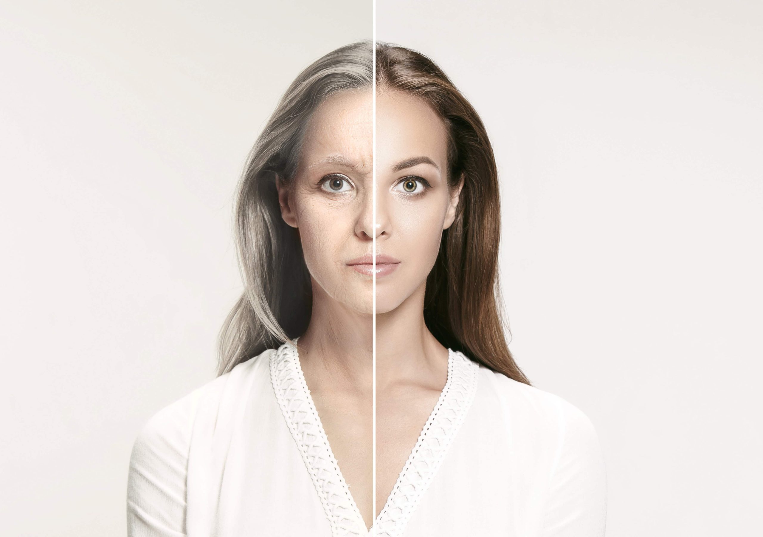 Side-by-side comparison of a woman's face showing aging on one side and rejuvenation on the other